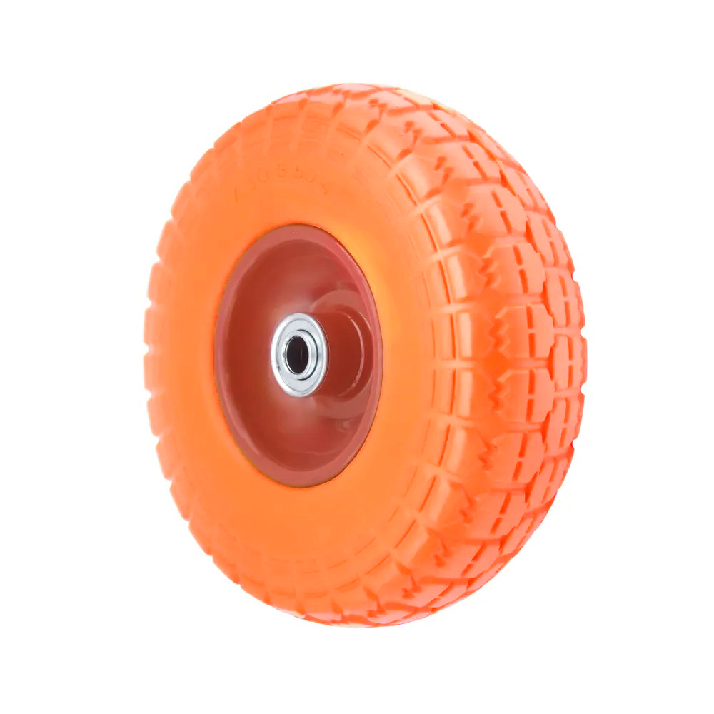 PU 1802-16 - Колесо для тачки / тележки полиуретановое бескамерное 4.10/3.50-4, сварной диск, диаметр 260 мм, ось 16 мм, металлический обод, симметричная ступица, шариковый подшипник