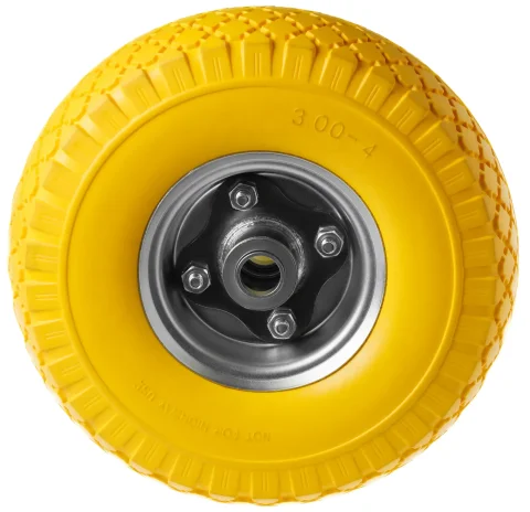 PU 1804-20 - Колесо для тачки / тележки полиуретановое бескамерное 3.00-4, диаметр 260 мм, ось 20 мм, металлический обод, симметричная ступица, шариковый подшипник