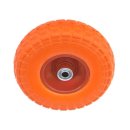 PU 1802-20 - Колесо для тачки / тележки полиуретановое бескамерное 4.10/3.50-4, сварной диск, диаметр 260 мм, ось 20 мм, металлический обод, симметричная ступица, шариковый подшипник