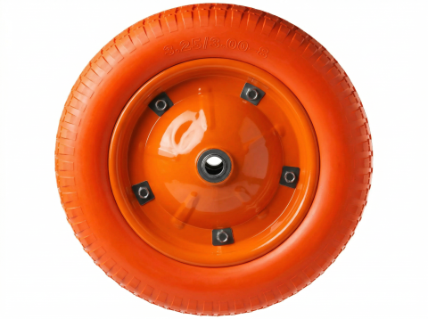PU 2401-12 - Колесо для тачки / тележки полиуретановое бескамерное 3.25-8, диаметр 360 мм, ось 12 мм, металлический обод, симметричная ступица, шариковый подшипник